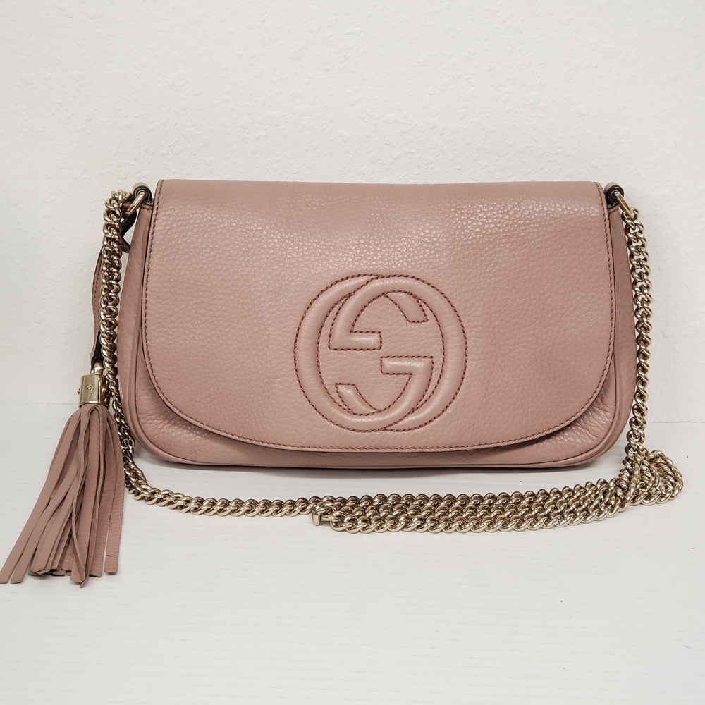 Authentic Gucci Soho Disco Pink Leather GG Tassel Chain Crossbody Bag Luxury - Picture 2 of 16